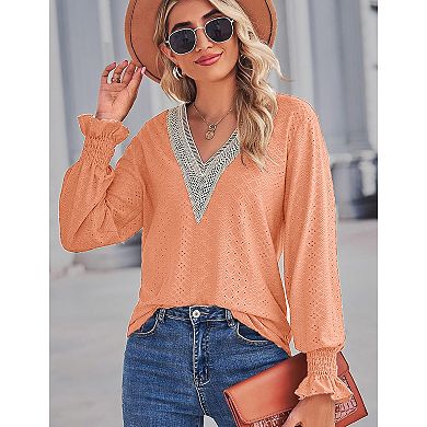 Women's Lace V Neck Blouse Shirts Long Sleeve Casual Loose Tops