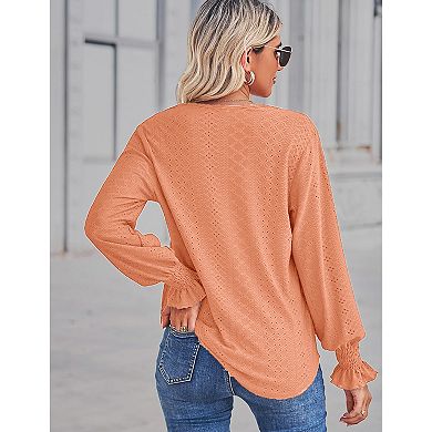 Women's Lace V Neck Blouse Shirts Long Sleeve Casual Loose Tops