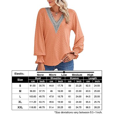 Women's Lace V Neck Blouse Shirts Long Sleeve Casual Loose Tops