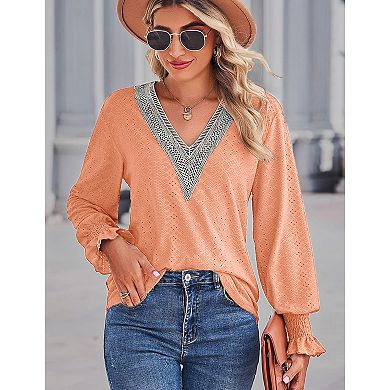 Women's Lace V Neck Blouse Shirts Long Sleeve Casual Loose Tops