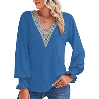 Women's Lace V Neck Blouse Shirts Long Sleeve Casual Loose Tops