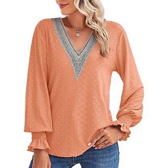 Women's Lace V Neck Blouse Shirts Long Sleeve Casual Loose Tops