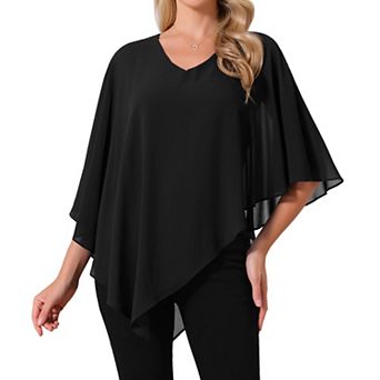 Women's Overlay Cape Top V Neck Flowy Chiffon Blouse Dressy Casual Asymmetrical Shirt 3/4Sleeve Tops