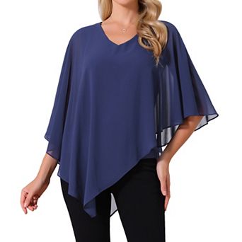 Women's Overlay Cape Top V Neck Flowy Chiffon Blouse Dressy Casual Asymmetrical Shirt 3/4Sleeve Tops