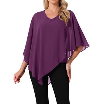 Women's Overlay Cape Top V Neck Flowy Chiffon Blouse Dressy Casual Asymmetrical Shirt 3/4Sleeve Tops
