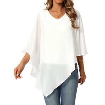 Women's Overlay Cape Top V Neck Flowy Chiffon Blouse Dressy Casual Asymmetrical Shirt 3/4Sleeve Tops