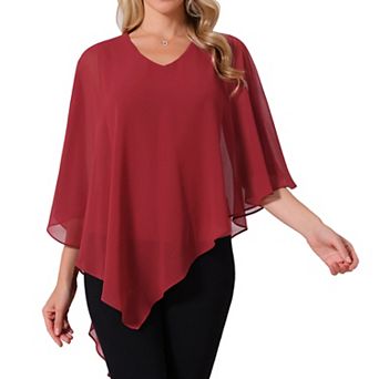 Women's Overlay Cape Top V Neck Flowy Chiffon Blouse Dressy Casual Asymmetrical Shirt 3/4Sleeve Tops