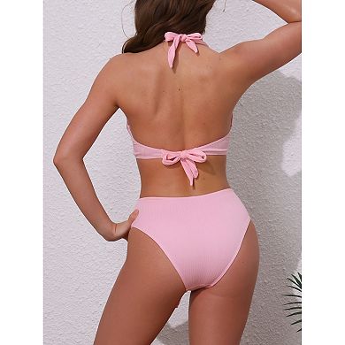 Women's O Ring Seashell Pendants Ribbed Bikini Sets, 2 Piece Halter Top Triangle Bottoms Swimwear