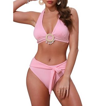 Women's O Ring Seashell Pendants Ribbed Bikini Sets, 2 pc Halter Top Triangle Bottoms Swimwear