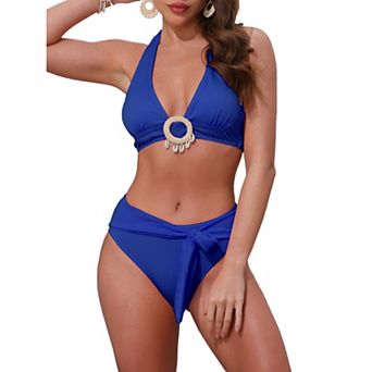 Women's O Ring Seashell Pendants Ribbed Bikini Sets, 2 pc Halter Top Triangle Bottoms Swimwear