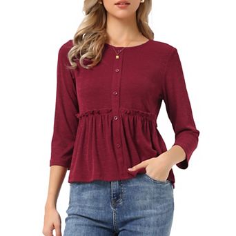 Peplum Top for Women's Crew Neck 3/4 Sleeve Ruffle Pullover Blouses