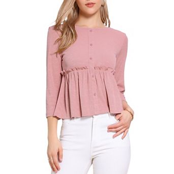 Peplum Top for Women's Crew Neck 3/4 Sleeve Ruffle Pullover Blouses