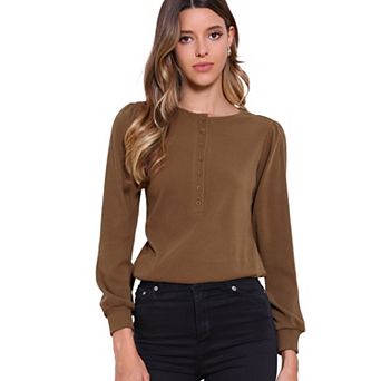 Long Sleeve Ribbed Knit Shirts for Womens Casual Crew Neck Button Down Tops Trendy Tee Shirt