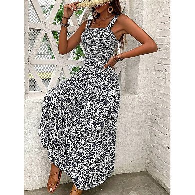 Womens Boho Floral Print Tie Straps Sleeveless Dress Square Neck Smocked Flowy Ruffle Maxi Dress