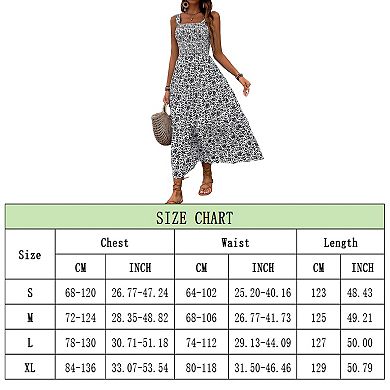 Womens Boho Floral Print Tie Straps Sleeveless Dress Square Neck Smocked Flowy Ruffle Maxi Dress