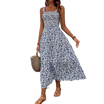 Womens Boho Floral Print Tie Straps Sleeveless Dress Square Neck Smocked Flowy Ruffle Maxi Dress