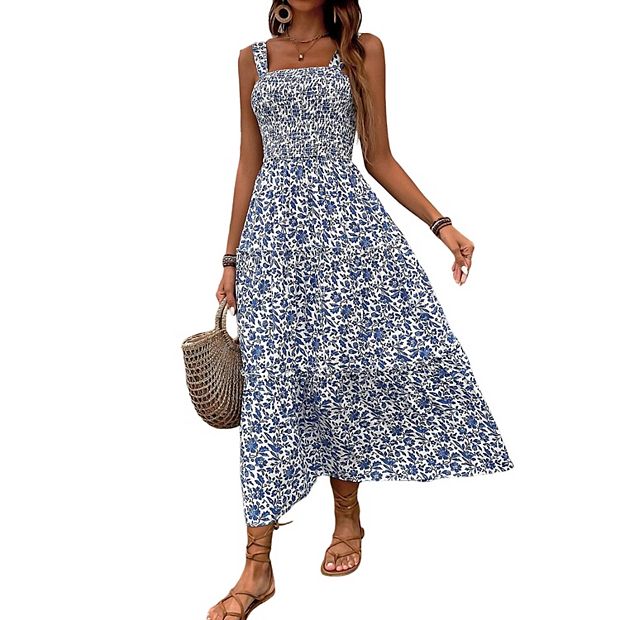 Womens Boho Floral Print Tie Straps Sleeveless Dress Square Neck Smocked  Flowy Ruffle Maxi Dress