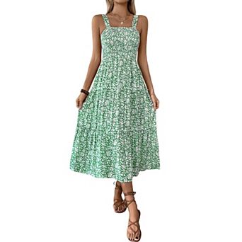 Womens Boho Floral Print Tie Straps Sleeveless Dress Square Neck Smocked Flowy Ruffle Maxi Dress