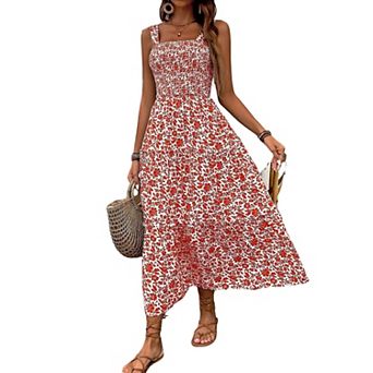 Womens Boho Floral Print Tie Straps Sleeveless Dress Square Neck Smocked Flowy Ruffle Maxi Dress