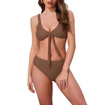 Women's Lace Up Decoration Push Up Bikini Sets, 2 pc Wide Strap Top Triangle Bottom Swimwear