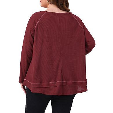 Women's Plus Size Waffle Knitted Top V Neck Long Sleeve Patchwork Hem Pullover Knit Sweater Blouses
