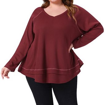 Women's Plus Size Waffle Knitted Top V Neck Long Sleeve Patchwork Hem Pullover Knit Sweater Blouses