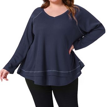 Women's Plus Size Waffle Knitted Top V Neck Long Sleeve Patchwork Hem Pullover Knit Sweater Blouses