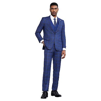 Stacy Adams Plaid 3pc Vested Suit Set w/ Peak Lapel