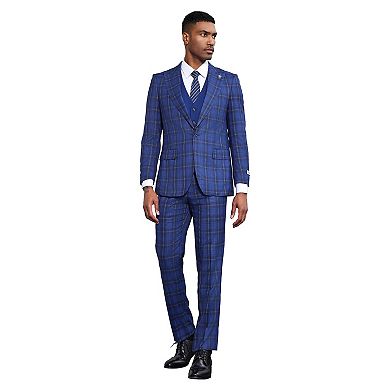Stacy Adams Plaid 3pc Vested Suit Set w/ Peak Lapel