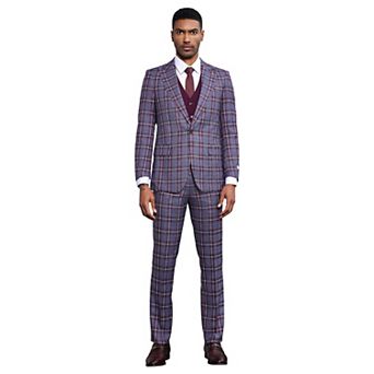 Stacy Adams Plaid 3 pc Vested Suit Set w/ Peak Lapel