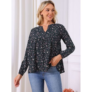 Women's Floral Blouses V Neck Long Sleeve Babydoll Flowy Spring Summer Top