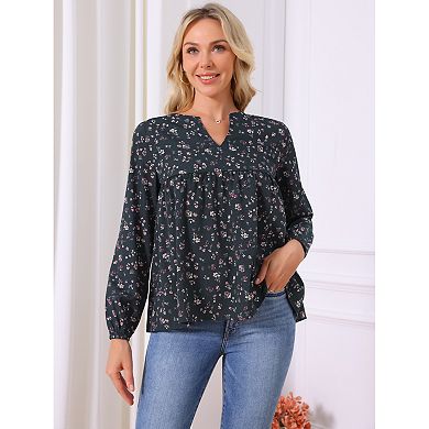Women's Floral Blouses V Neck Long Sleeve Babydoll Flowy Spring Summer Top