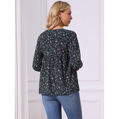 Women's Floral Blouses V Neck Long Sleeve Babydoll Flowy Spring Summer Top