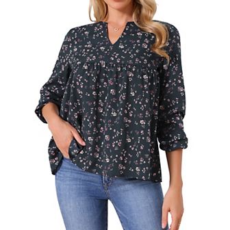 Women's Floral Blouses V Neck Long Sleeve Babydoll Flowy Spring Summer Top