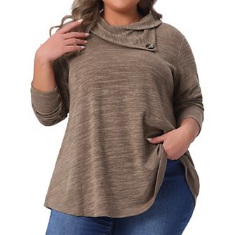Plus Size Blouse for Women Long Sleeve Button Cowl Neck Casual Loose Tunic Tops with Pockets