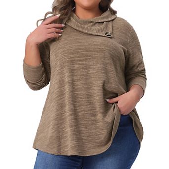 Plus Size Blouse for Women Long Sleeve Button Cowl Neck Casual Loose Tunic Tops with Pockets