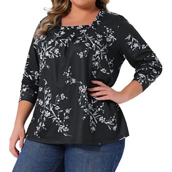 Plus Size Floral Print Tops for Women Square Neck Long Sleeve Pleated Tunic Dressy Casual Blouses