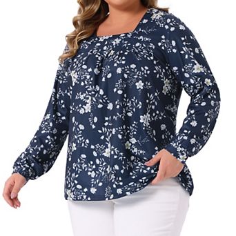 Plus Size Floral Print Tops for Women Square Neck Long Sleeve Pleated Tunic Dressy Casual Blouses