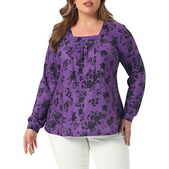 Plus Size Floral Print Tops for Women Square Neck Long Sleeve Pleated Tunic Dressy Casual Blouses