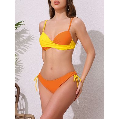 Women's Front Cross Contrast Color Bikini Sets, 2 Pcs Strappy Top Tie Size Triangle Bottoms Swimwear