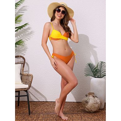 Women's Front Cross Contrast Color Bikini Sets, 2 Pcs Strappy Top Tie Size Triangle Bottoms Swimwear