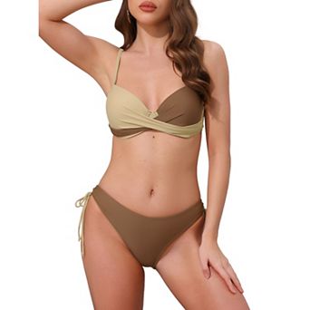 Women's Front Cross Contrast Color Bikini Sets, 2 pc Strappy Top Tie Size Triangle Bottoms Swimwear