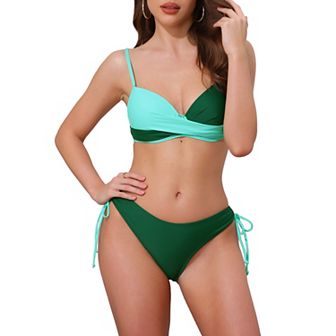 Women's Front Cross Contrast Color Bikini Sets, 2 pc Strappy Top Tie Size Triangle Bottoms Swimwear
