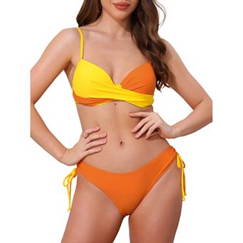 Women's Front Cross Contrast Color Bikini Sets, 2 pc Strappy Top Tie Size Triangle Bottoms Swimwear