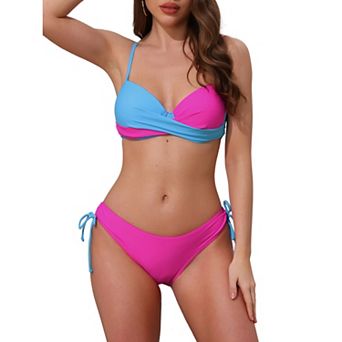 Women's Front Cross Contrast Color Bikini Sets, 2 pc Strappy Top Tie Size Triangle Bottoms Swimwear