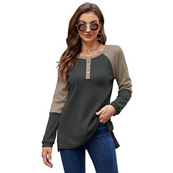 Women’s V Neck Henley Shirts Long Sleeve Waffle Tunic Tops Pullover Sweatshirts with Buttons