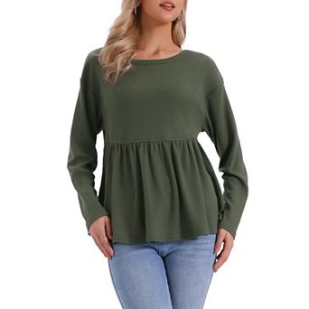 Peplum Top for Women's Ruffle Hem Shirt Crew Neck Long Sleeve Blouse Top