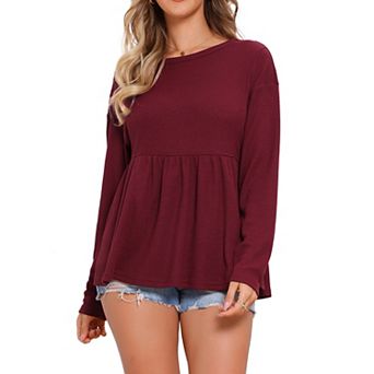 Peplum Top for Women's Ruffle Hem Shirt Crew Neck Long Sleeve Blouse Top