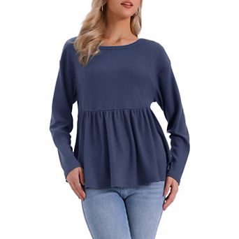 Peplum Top for Women's Ruffle Hem Shirt Crew Neck Long Sleeve Blouse Top