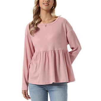 Peplum Top for Women's Ruffle Hem Shirt Crew Neck Long Sleeve Blouse Top